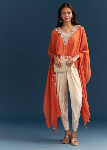 Orange Cape Crop Top Dhoti Set With Moti And Cut Dana Embroidery