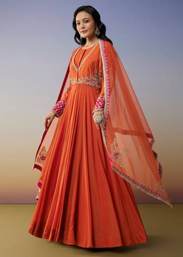 Orange Chanderi Anarkali Suit Set with Zari Moti Embroidery Work