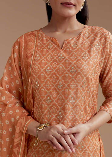 Orange Chanderi Floral Print Kurta Set with Gotta Work