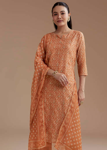 Orange Chanderi Floral Print Kurta Set with Gotta Work