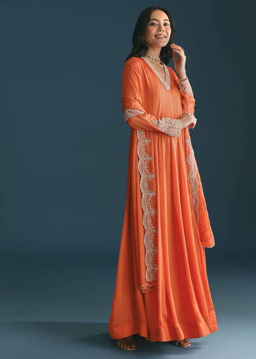 Orange Chinon Anarkali Suit With Embroidered Dupatta