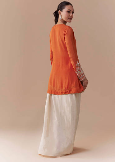 Orange Chinon Kurta Skirt Set with Moti Work
