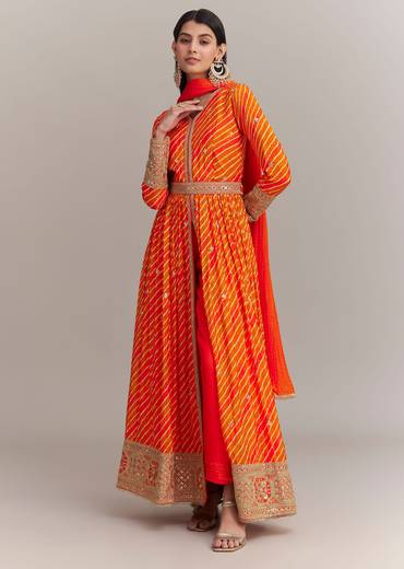 Orange Chinon Leheriya Embroidered Anarkali Set