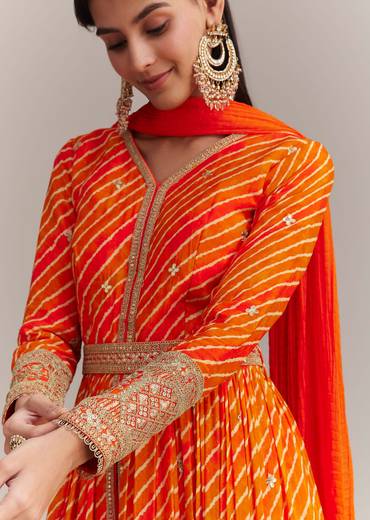 Orange Chinon Leheriya Embroidered Anarkali Set