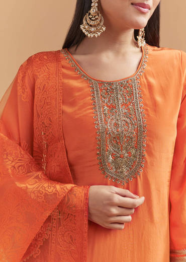 Orange Crepe Kurta Set With Intricate Zardosi Embroidery