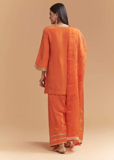 Orange Crepe Kurta Set With Intricate Zardosi Embroidery