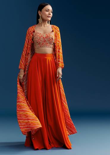Orange Crop Top Palazzo Set With Printed Chinon Jacket And Zardosi Work