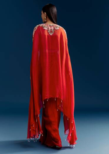 Orange Crop Top Skirt Set With Embroidered Cape