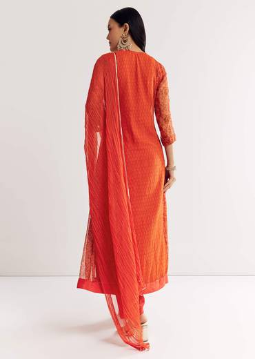 Orange Floral Chiffon Anarkali Kurta Set With Dupatta