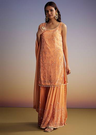 Orange Georgette Sharara Suit With Embroidered Kurta And Dupatta