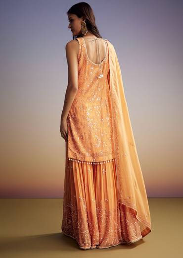 Orange Georgette Sharara Suit With Embroidered Kurta And Dupatta