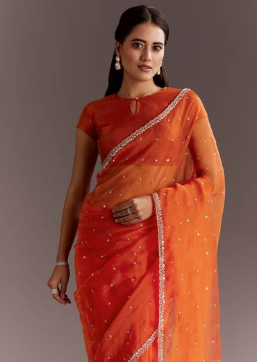 Orange Glass Tissue Saree With Cutdana And Sequins Scallop Border