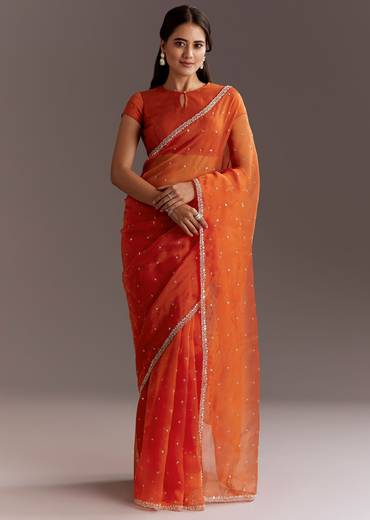 Orange Glass Tissue Saree With Cutdana And Sequins Scallop Border