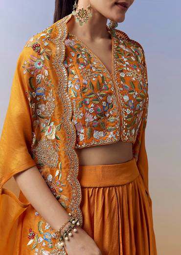 Orange Indo Western Crop Top Skirt Set With Parsi Work And Cape