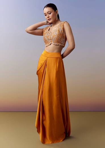 Orange Indo Western Crop Top Skirt Set With Zardosi Work And Organza Cape
