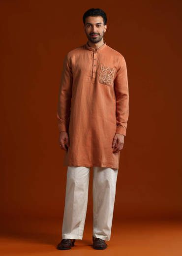 Orange Kurta Set For Men With Resham Work