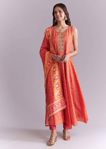Orange Muslin Anarkali Suit With Indie Print