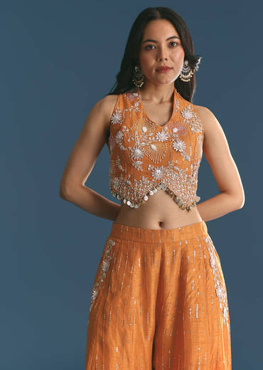 Orange Ombre Silk Palazzo Suit With Cutdana Croptop