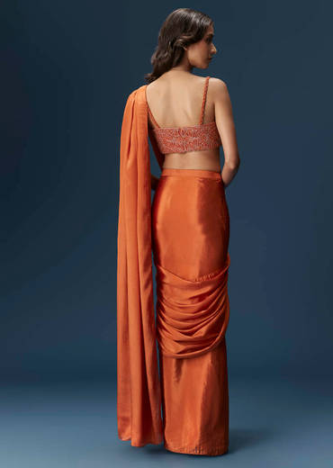 Orange Ready Pleated Saree With Square Neck Blouse