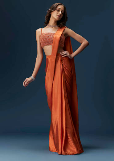 Orange Ready Pleated Saree With Square Neck Blouse