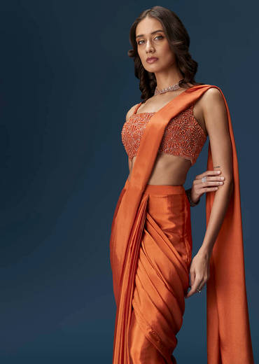 Orange Ready Pleated Saree With Square Neck Blouse
