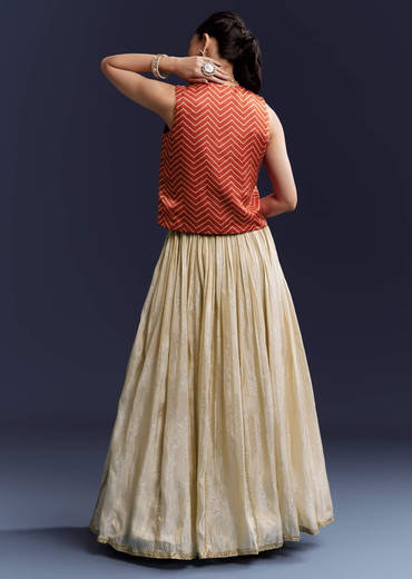 Orange Satin Festive Lehenga With Hand Dyed Chevron Print Jacket