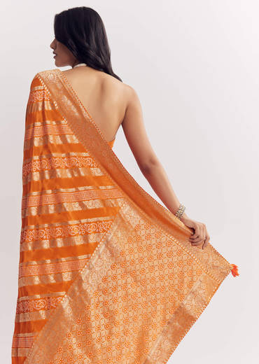 Orange Satin Saree With Zari Vine Design