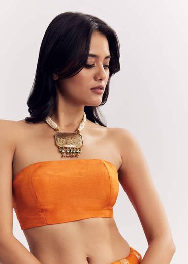 Orange Satin Saree With Zari Vine Design