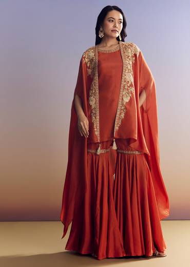 Orange Sharara With Zari Cape