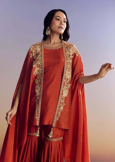 Orange Sharara With Zari Cape