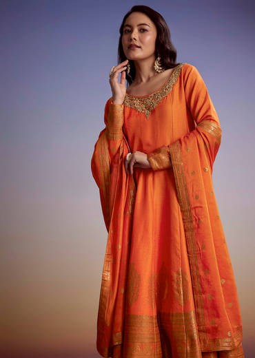 Orange Silk Anarkali Suit With Heavy Embroidery And Weave Border
