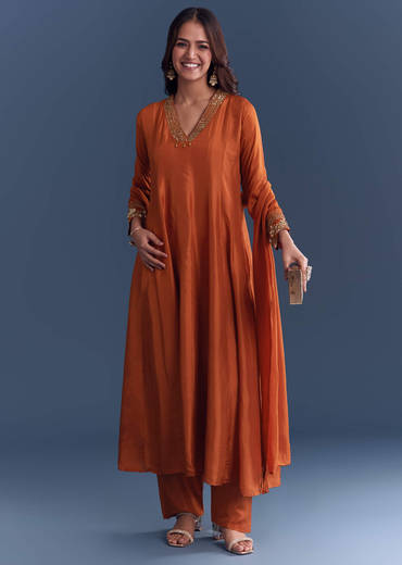 Orange Silk Anarkali Suit With Sequins And Cutdana Work