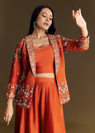 Orange Silk Crop Top Set With Thread And Sequin Jacket