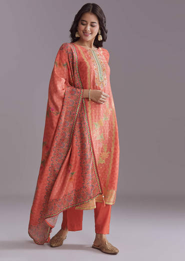 Orange Silk Kurta Set With Floral Print