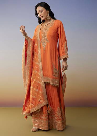 Orange Silk Palazzo Suits with Zari Work and Embroidery Detail