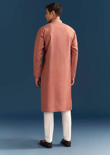 Rust Silk Textured Kurta Set For Men With Resham Work