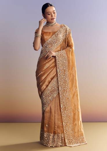 Orange Tissue Saree With Unstitched Heavy Embroidered Border