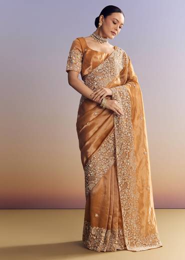 Orange Tissue Saree With Unstitched Heavy Embroidered Border