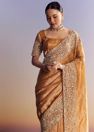 Orange Tissue Saree With Unstitched Heavy Embroidered Border