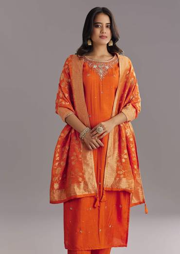 Orange Viscose Silk Kurta Set With Moti Beads and Cut Dana Detailing
