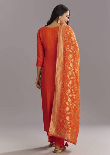 Orange Viscose Silk Kurta Set With Moti Beads and Cut Dana Detailing