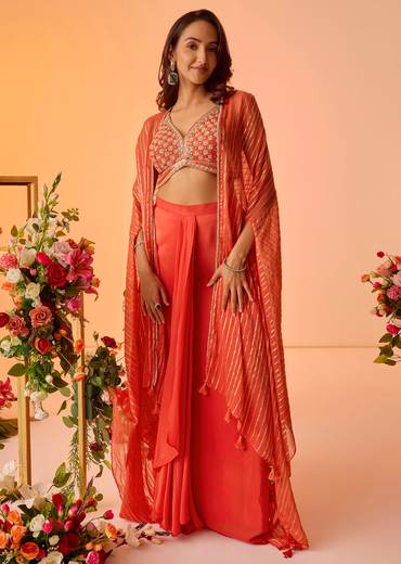 Orange Embroidered Croptop With Pleated Skirt And Chanderi Jacket