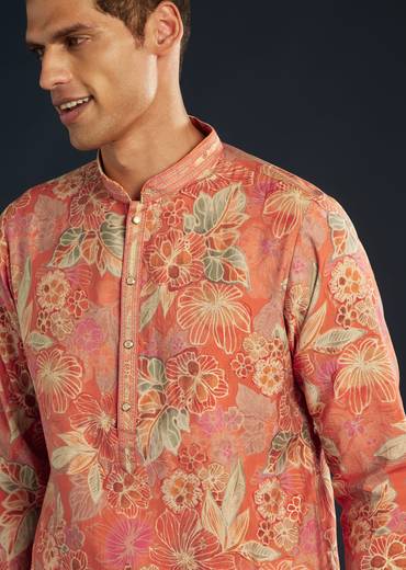 Ornage Silk Kurta Set with Floral Prints