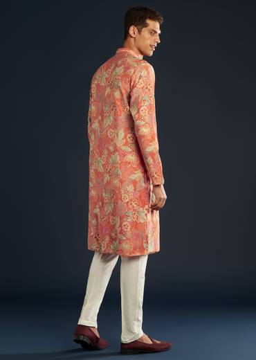 Ornage Silk Kurta Set with Floral Prints
