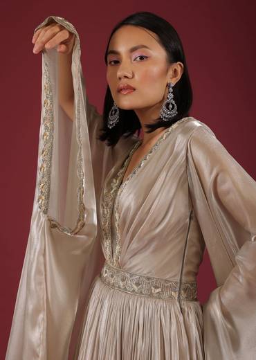 Oyster Organza Gown In Wide Sleeves, Crafted In Tissue Organza In A Deep V Neckline