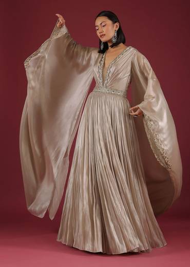 Oyster Organza Gown In Wide Sleeves, Crafted In Tissue Organza In A Deep V Neckline