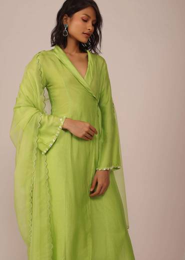Parrot Green Suit Set In Art Silk With Tassels On The Sleeves And Dupatta