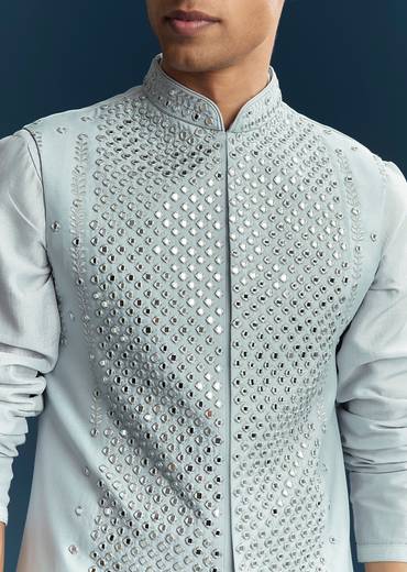 Pastel Blue Silk Kurta Jacket Set With Thread And Mirror Work