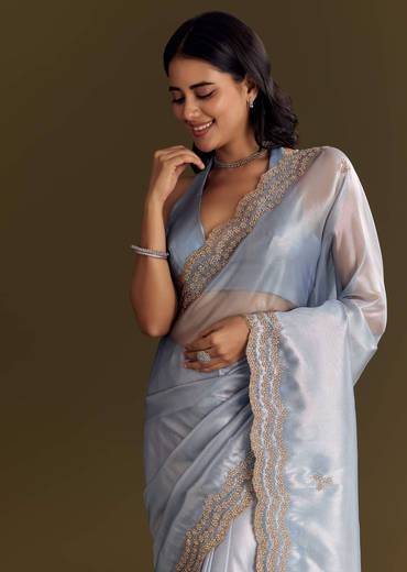 Pastel Blue Tissue Saree With Cutdana And Beads Scallop Border