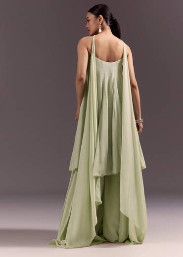 Pastel Green Chinon Embroidered Kurti With Flared Pant Set